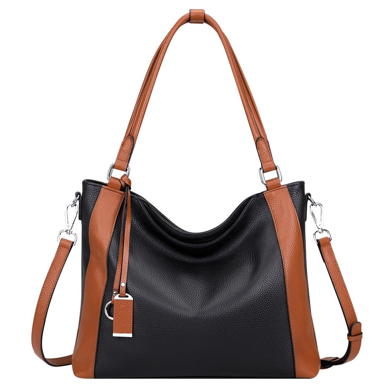 Over Earth Soft Leather Handbags for Women Shoulder Hobo Bag Large Tote Crossbody Bag (O103E Black/Brown) - Image 1