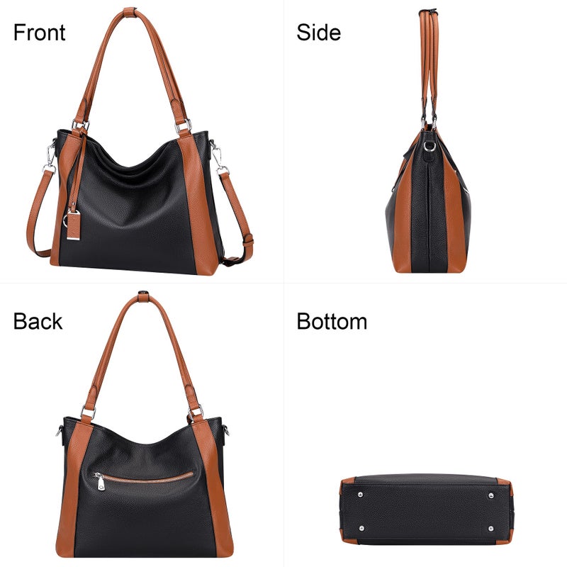 Over Earth Soft Leather Handbags for Women Shoulder Hobo Bag Large Tote Crossbody Bag (O103E Black/Brown) - Image 3