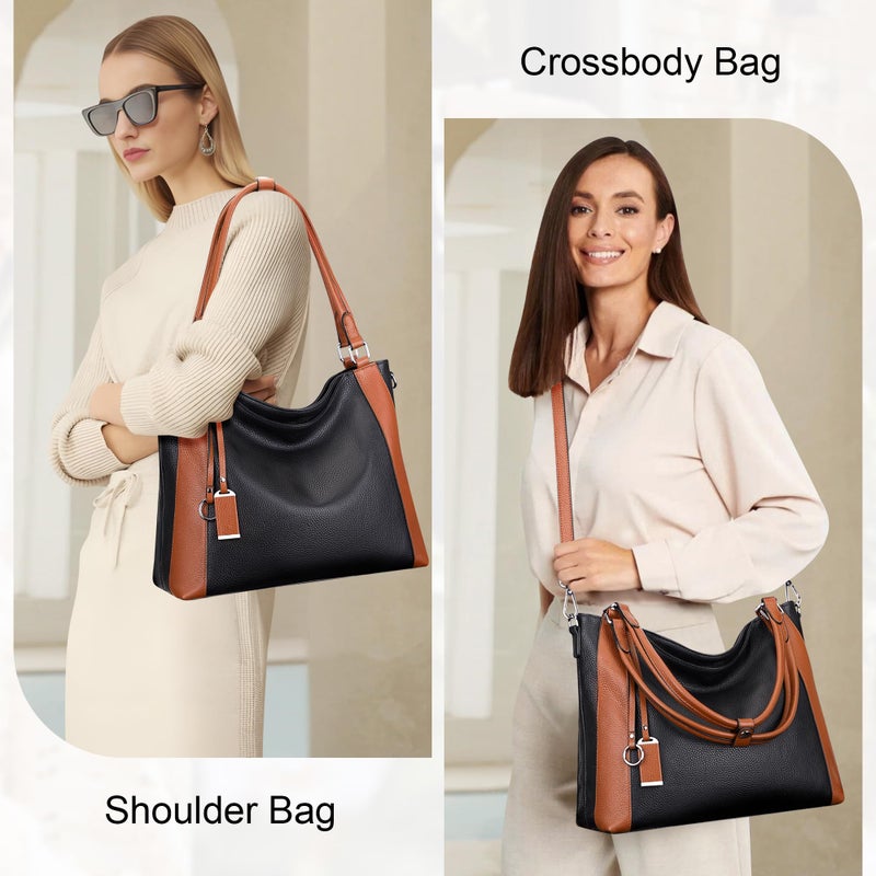 Over Earth Soft Leather Handbags for Women Shoulder Hobo Bag Large Tote Crossbody Bag (O103E Black/Brown) - Image 2