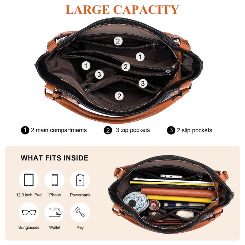 Over Earth Soft Leather Handbags for Women Shoulder Hobo Bag Large Tote Crossbody Bag (O103E Black/Brown) - Image 5