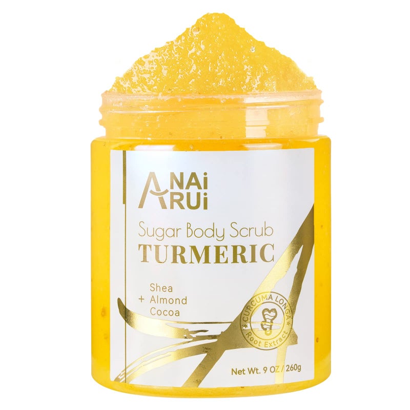 ANAI RUI Turmeric Body Scrub Exfoliator, Sugar Scrub for Exfoliating, Smoothing, Hydrating Skin, Face & Body Scrub with Turmeric, Face Body Hand and Foot Scrub, Moisturizing Body SkinCare, 9 OZ - Image 1