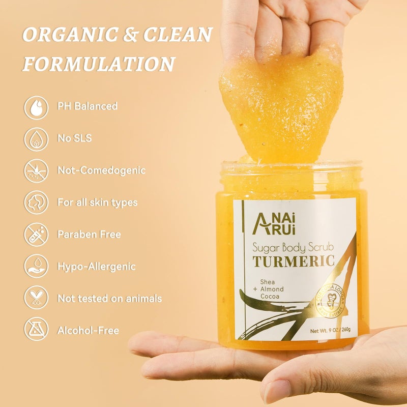 ANAI RUI Turmeric Body Scrub Exfoliator, Sugar Scrub for Exfoliating, Smoothing, Hydrating Skin, Face & Body Scrub with Turmeric, Face Body Hand and Foot Scrub, Moisturizing Body SkinCare, 9 OZ - Image 2