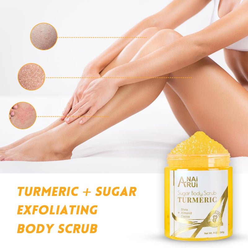 ANAI RUI Turmeric Body Scrub Exfoliator, Sugar Scrub for Exfoliating, Smoothing, Hydrating Skin, Face & Body Scrub with Turmeric, Face Body Hand and Foot Scrub, Moisturizing Body SkinCare, 9 OZ - Image 5