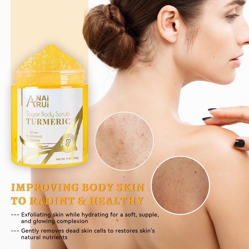 ANAI RUI Turmeric Body Scrub Exfoliator, Sugar Scrub for Exfoliating, Smoothing, Hydrating Skin, Face & Body Scrub with Turmeric, Face Body Hand and Foot Scrub, Moisturizing Body SkinCare, 9 OZ - Image 4