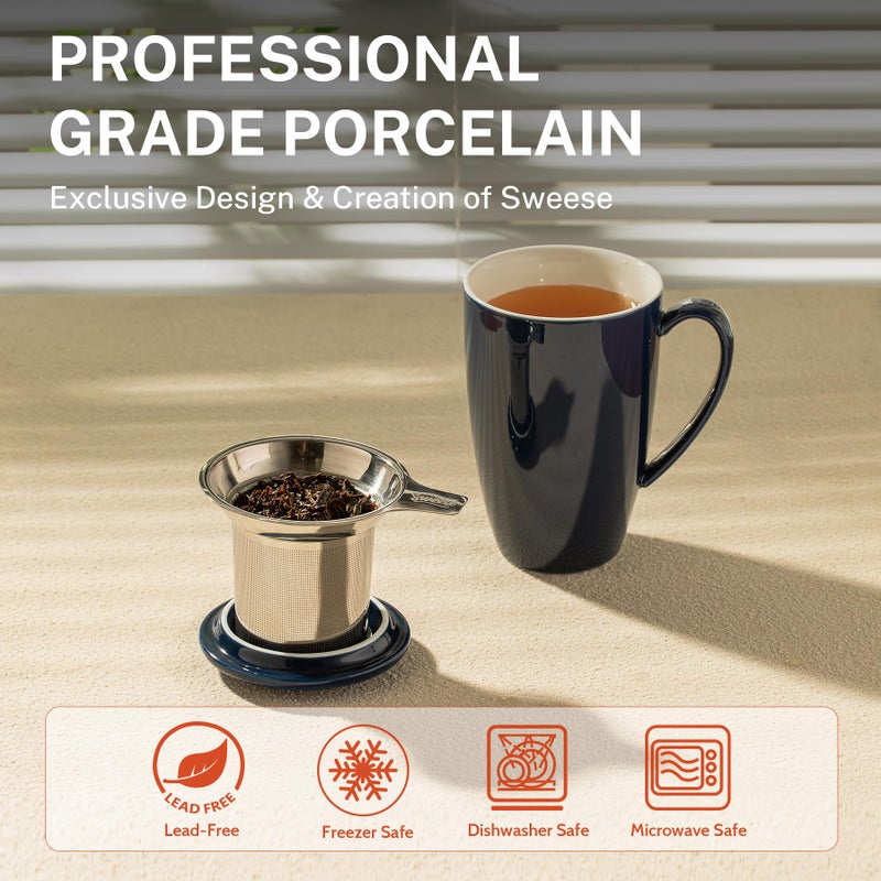 Sweese 15oz Ceramic Tea Cup with Infuser and Lid, Microwave and Dishwasher Safe, Extra-Fine Loose Leaf Tea Steeper, Comfortable Handle, Tea Set in Gift Box, Dark Blue - Image 3