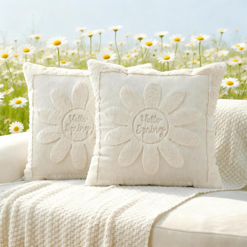 VAKADO Spring Summmer Decorative Throw Pillow Covers 20x20 Set of 2 Sunflower Cream Couch Daisies Rhomboid Plush Velvet Square Cushion Cases Home Decor Gift for Sofa - Image 1