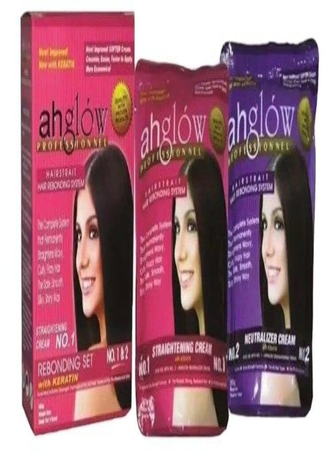 AHGLOW Hair Straightening and Rebonding System with KERATIN. Extra Strength Formula. The Complete System that Straightens Wavy, Curly, Frizzy Hair the Smooth, Silky, Shiny Way! 165 gram pouches - Image 1