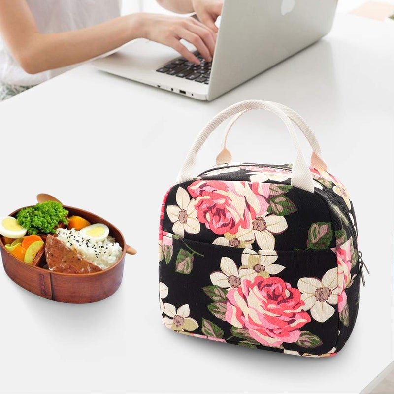 EurCross Floral Lunch Bag Classic for Women Girls, High Grade Cotton Canvas Insulated Lunch Box Bag Hold Bento Box or Round, Square and Uniquely Shaped Lunch Containers, Small Light Weight for Carry - Image 2