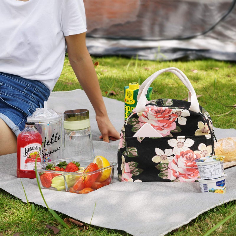 EurCross Floral Lunch Bag Classic for Women Girls, High Grade Cotton Canvas Insulated Lunch Box Bag Hold Bento Box or Round, Square and Uniquely Shaped Lunch Containers, Small Light Weight for Carry - Image 5