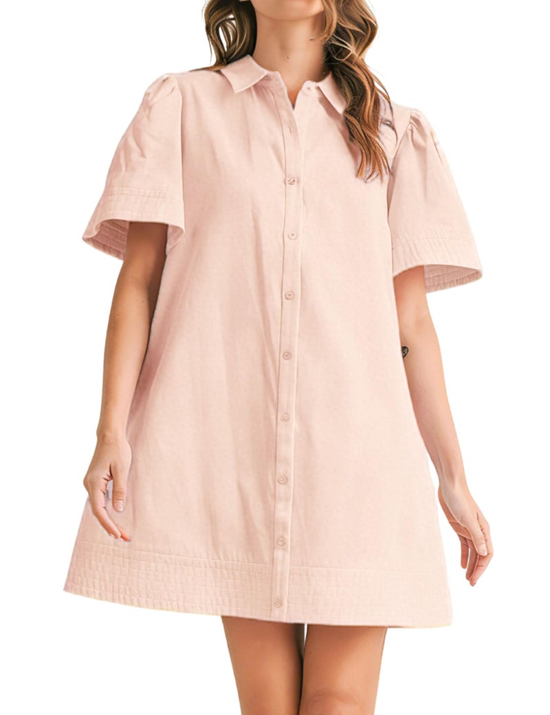 Meyhad Womens Short Sleeve Button Down Mini Shirt Dress Lapel Collar Short Dresses with Pocket(0942-Pink-S) - Image 1