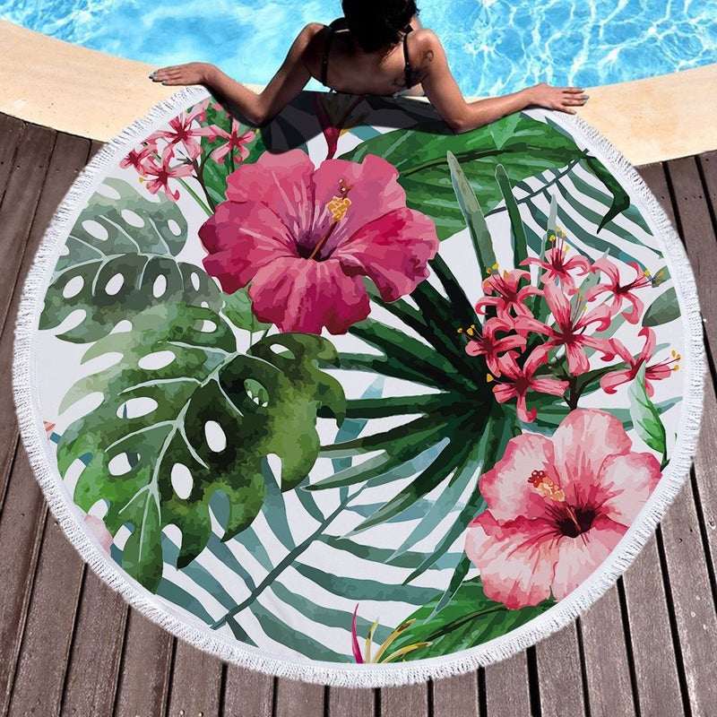Violet Mist Floral Round Beach Towel Tropical Round Mandala Beach Blanket 60 inch Oversized Microfiber Blanket Extra Large Swim Pool Bath Circle Towel with Tassels for Women Men Adults