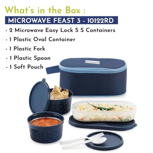 Magnus Feast 3 Microwave Safe Stainless Steel Lunch Box Set Leakproof Tiffin for Men & Women | BPA-Free Containers with Insulated Cover | for Office, School, Boys & Girls | Blue - Image 2