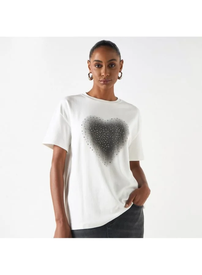 2Xtremz 2Xtremz Embellished Round Neck T-shirt with Short Sleeves