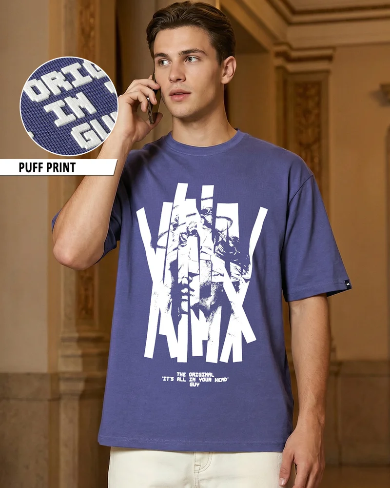 بيواكوف Men's Skipper Blue Original Graphic Printed Oversized T-shirt