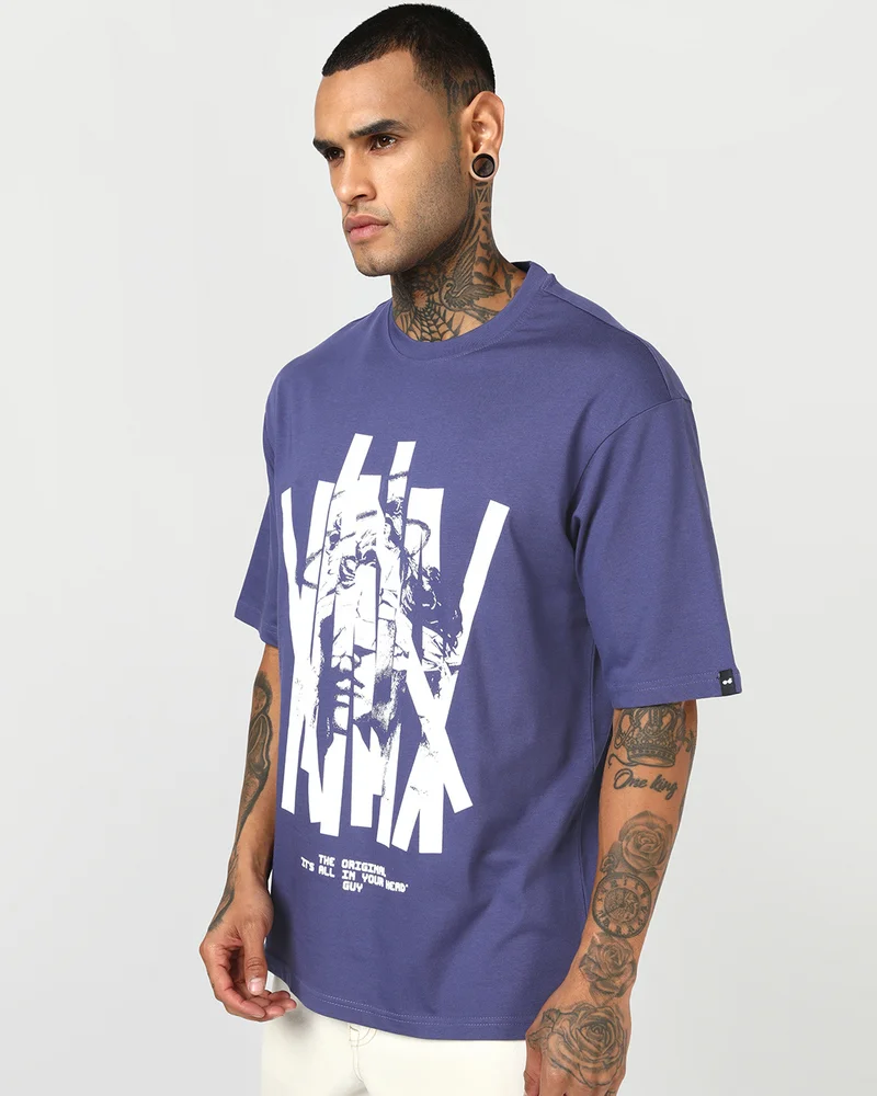 بيواكوف Men's Skipper Blue Original Graphic Printed Oversized T-shirt