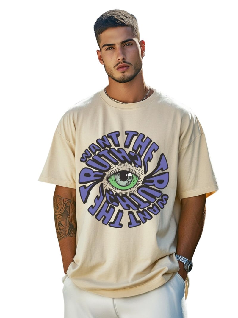 Veirdo White Oversized Cotton Crew Neck T-Shirt with Chest Print for Men - Image 1