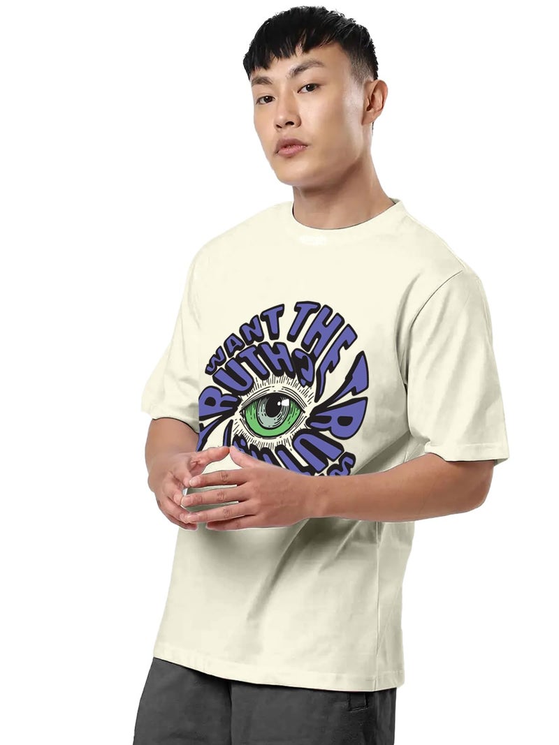 Veirdo White Oversized Cotton Crew Neck T-Shirt with Chest Print for Men - Image 4