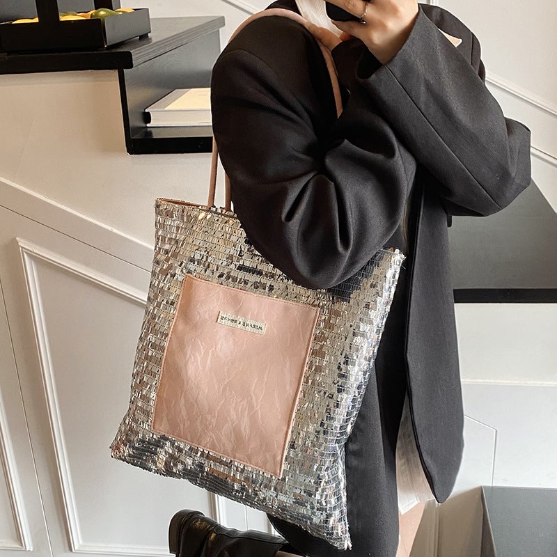 Korean Style Work Commuter Sequin Tote Bag For Women Fashion Simple Large Capacity Shoulder Bag High-End - Image 2