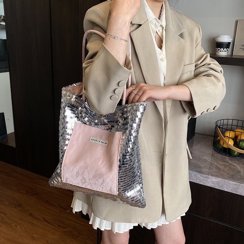 Korean Style Work Commuter Sequin Tote Bag For Women Fashion Simple Large Capacity Shoulder Bag High-End - Image 4
