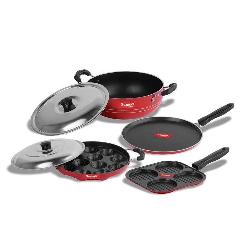 Sumeet 2.6mm Thick Non-Stick Rojo Cookware set (Dosa Tawa - 26.5cm Dia + Mini Multi Snack Maker - 19.5cm Dia + Kadhai with Lid - 1.5Ltr capacity- 20cm Dia + Grill Appam Patra with Lid - 23cm Dia) - Image 5