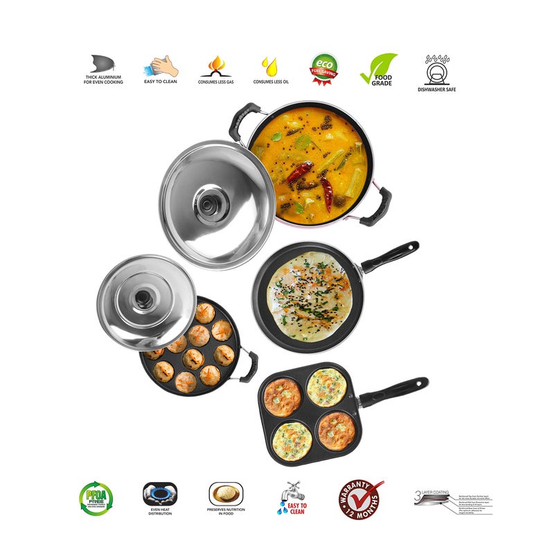 Sumeet 2.6mm Thick Non-Stick Rojo Cookware set (Dosa Tawa - 26.5cm Dia + Mini Multi Snack Maker - 19.5cm Dia + Kadhai with Lid - 1.5Ltr capacity- 20cm Dia + Grill Appam Patra with Lid - 23cm Dia) - Image 2
