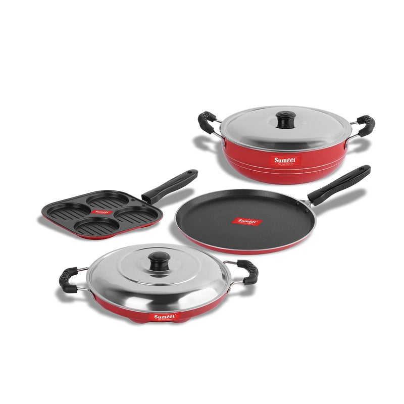Sumeet 2.6mm Thick Non-Stick Rojo Cookware set (Dosa Tawa - 26.5cm Dia + Mini Multi Snack Maker - 19.5cm Dia + Kadhai with Lid - 1.5Ltr capacity- 20cm Dia + Grill Appam Patra with Lid - 23cm Dia) - Image 1