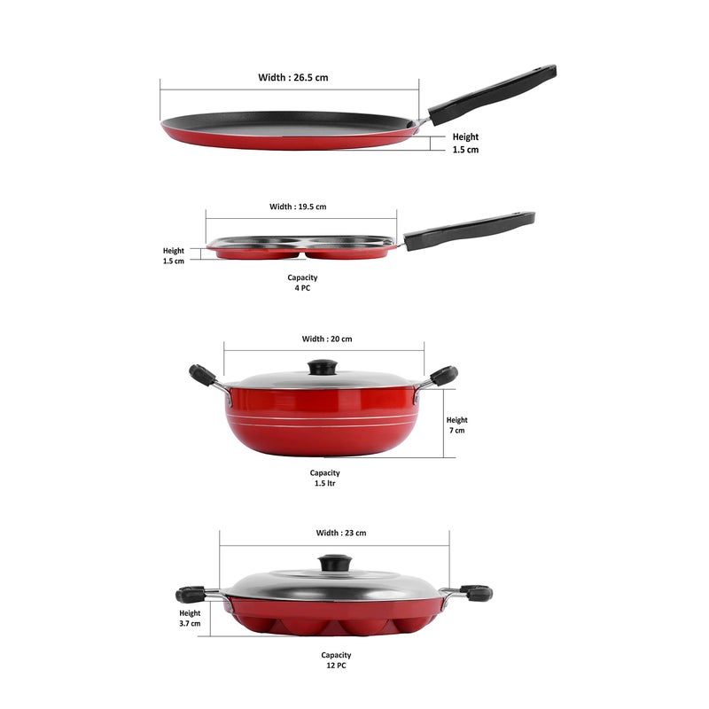 Sumeet 2.6mm Thick Non-Stick Rojo Cookware set (Dosa Tawa - 26.5cm Dia + Mini Multi Snack Maker - 19.5cm Dia + Kadhai with Lid - 1.5Ltr capacity- 20cm Dia + Grill Appam Patra with Lid - 23cm Dia) - Image 4