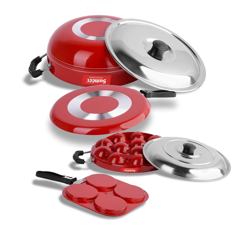 Sumeet 2.6mm Thick Non-Stick Rojo Cookware set (Dosa Tawa - 26.5cm Dia + Mini Multi Snack Maker - 19.5cm Dia + Kadhai with Lid - 1.5Ltr capacity- 20cm Dia + Grill Appam Patra with Lid - 23cm Dia) - Image 3