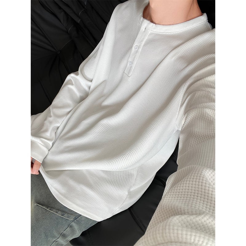 Gray Fake Two-Piece Long-Sleeved Henry Collar T-Shirt For Boys In Autum, Waffle Sweatshirt, Korean Style Inner Layering Shirt - Image 1