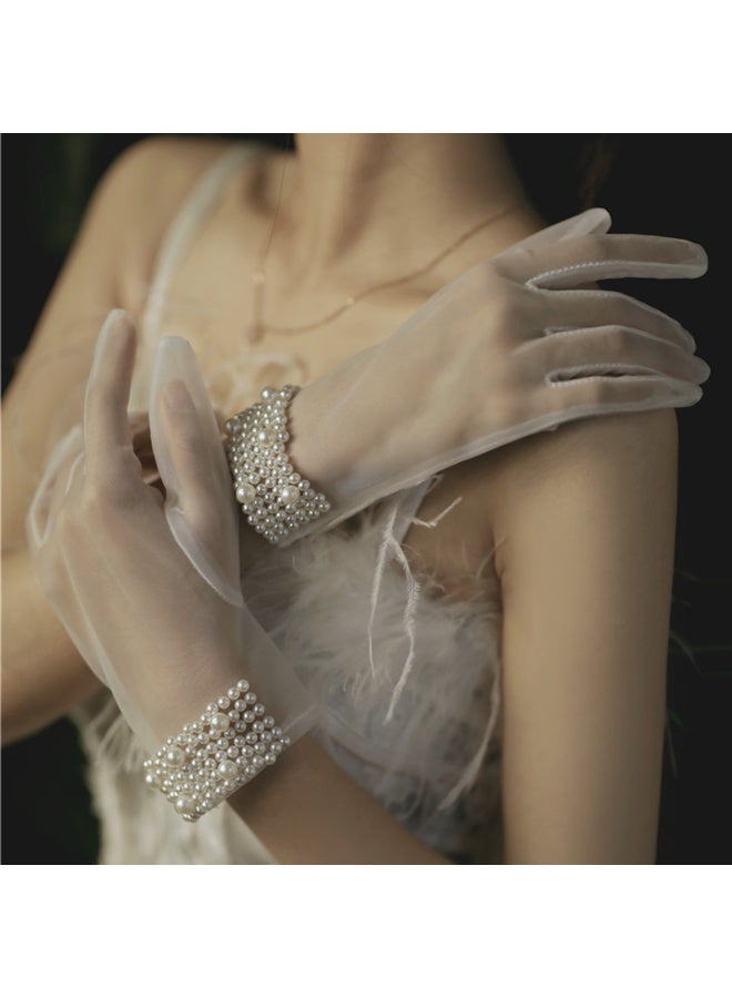 Bridal Short Gloves, Wrist Full Finger Gloves for Wedding Opera Dinner Party Dance  - Image 3