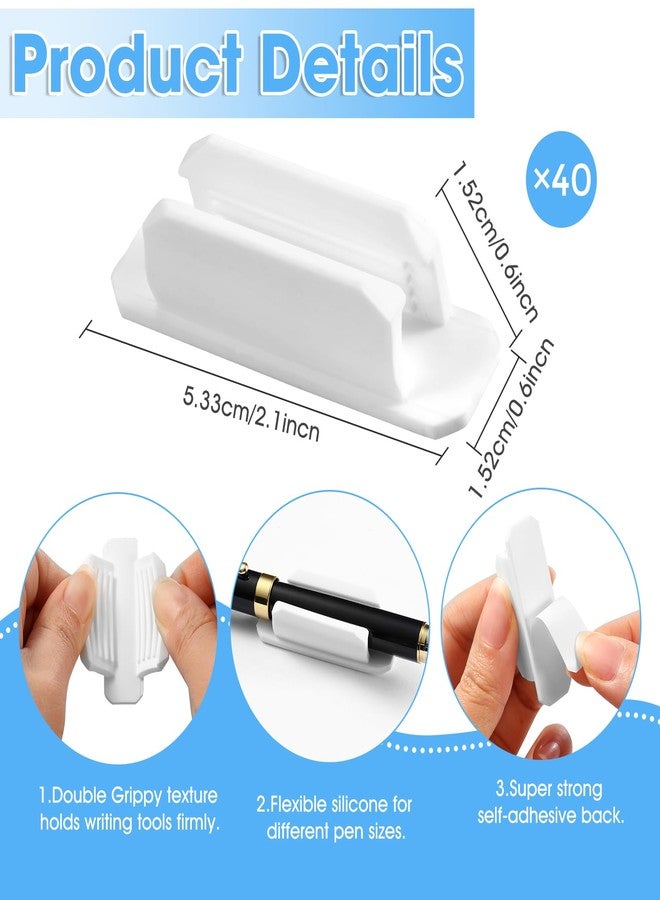 VZZNN 40 Pack Adhesive Pencil Holders for Desk - Reusable Silicone Pen Grips for Desk Organization, Wall, Clipboard, Office & Teacher Supplies with Strong Sticky Pads (White) - Image 2