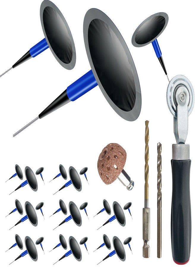 Socpuro Tire Repair Patch Tool Kit Including 24pcs Tire Patch Plugs, Tungsten Buffing Wheel, Tire Patch Roller with 4mm Twist Drill Bits for Vehicle - Image 1