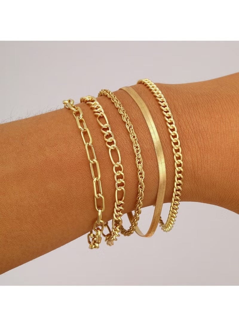 Huitich 5-Piece Trendy Multi-Layer Stacking Chain Bracelet Set – Gold Colour Plated Alloy  - Image 4