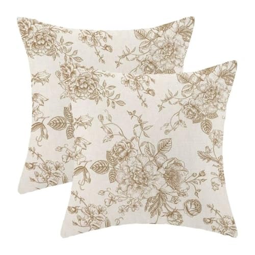 AEIOAE Chinoiserie Floral Pillow Covers 18 x 18 Inch Set of 2 Vintage Tan Khaki Flower Decorative Throw Pillow Covers Outdoor Linen Farmhouse Decor Pillowcase for Home Sofa - Image 1