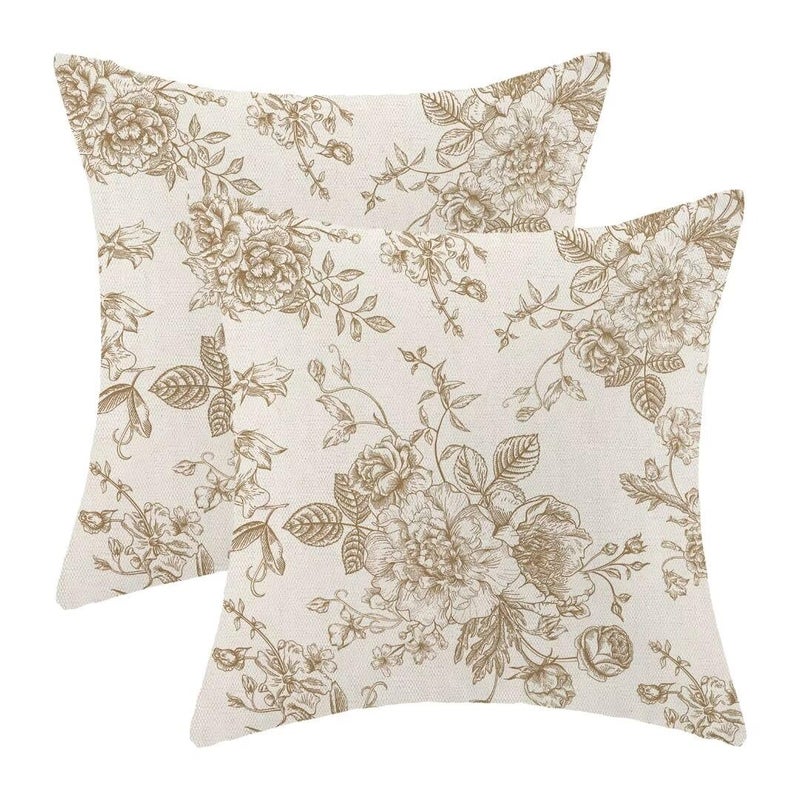 AEIOAE Chinoiserie Floral Pillow Covers 18 x 18 Inch Set of 2 Vintage Tan Khaki Flower Decorative Throw Pillow Covers Outdoor Linen Farmhouse Decor Pillowcase for Home Sofa - Image 2