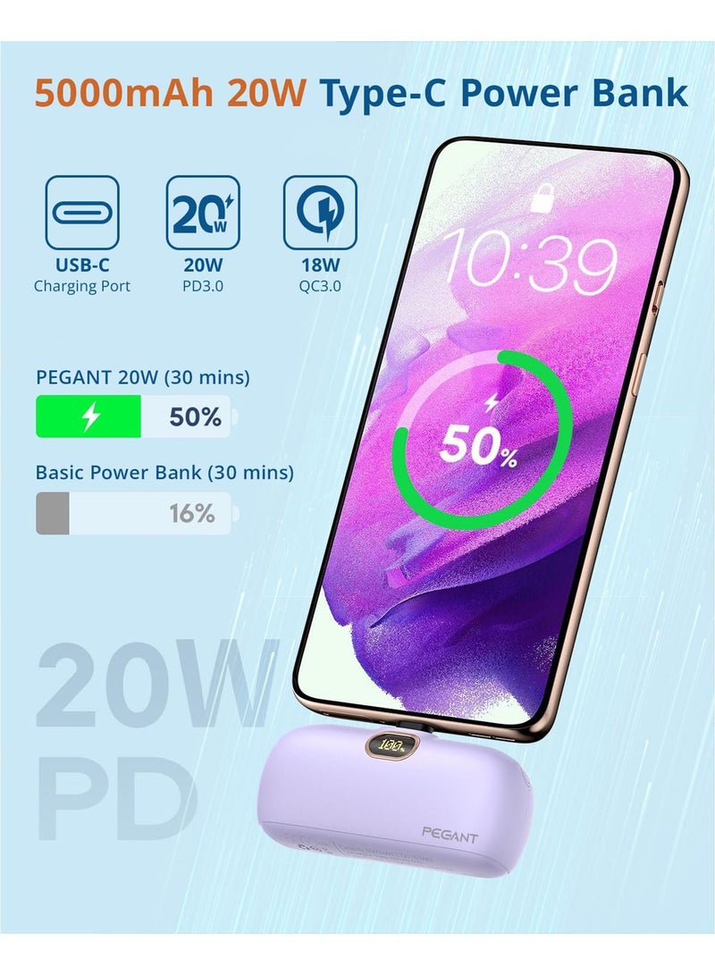 PEGANT 5000mAh Mini Power Bank 20W USB C with PD3.0 & QC3.0 Fast Charging, Compact and Portable Charger Small Type C External Powerbank Battery, Compatible with Android Smartphones, Tablets (Purple) - Image 2