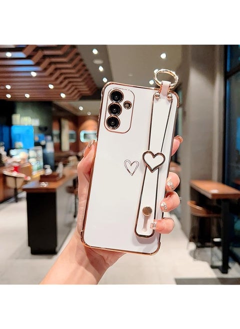 1 Plus 2 Case For Samsung Galaxy A35 With 2 Tempered Glass Screen Protector With Wrist Strap Luxury Plating Edge Love Hearts Pattern For Women Soft Shockproof For Galaxy A35 White Galaxy A35