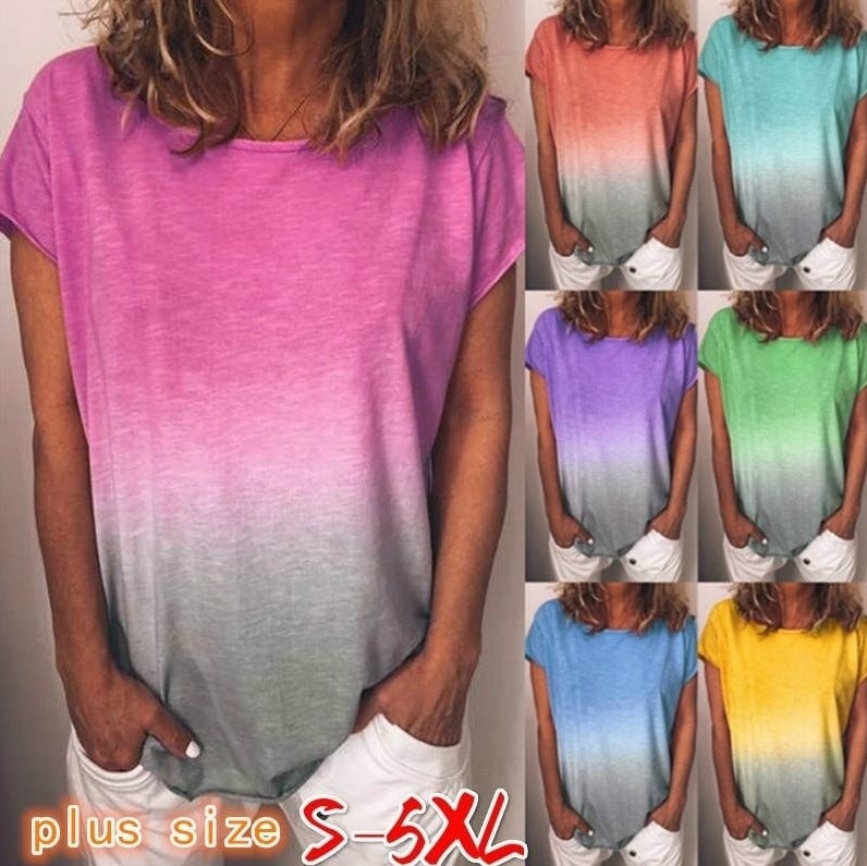 Europe and the United States summer cross-border hot women's T-shirt ebay hot rainbow gradient print T-shirt long-sleeved short-sleeved top Short sleeve-green XL - Image 2