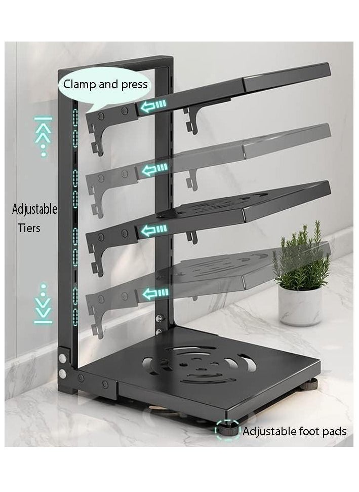 Pots and Pans Organizer for Cabinet,Kitchen Organizer and Storage Rack,Space Saving Stand with Adjustable Dividers,5 Layer Double Sided With Panel Black.