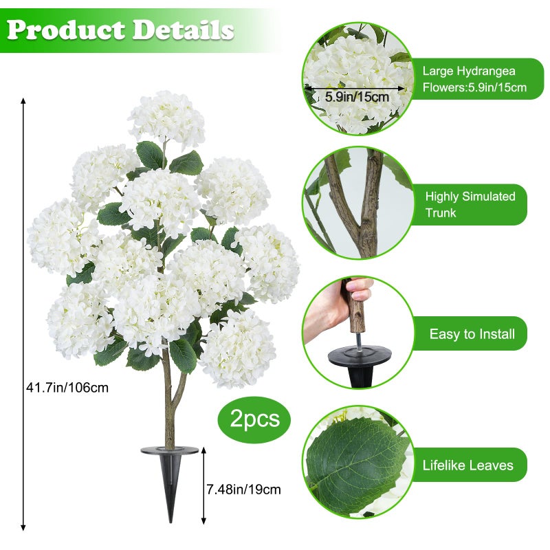 GTIDEA 2 Pack 3.5FT Artificial Hydrangea Tree Outdoor Fake Tree with Spikes Faux Hydrangea Bushes White Flower Tree for Outdoor Planters Front Porch Garden Patio Parterre Decor - Image 2