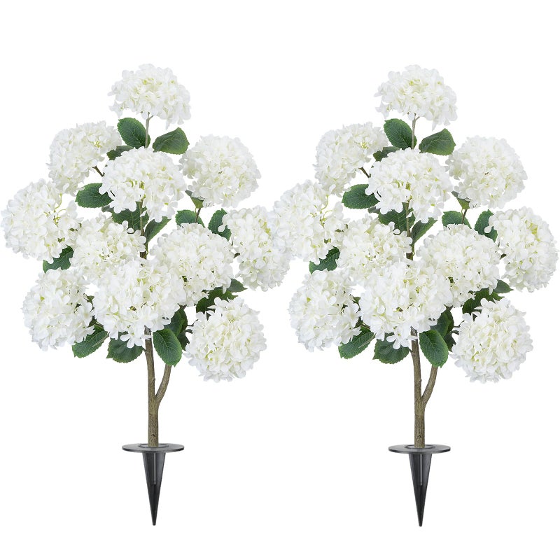 GTIDEA 2 Pack 3.5FT Artificial Hydrangea Tree Outdoor Fake Tree with Spikes Faux Hydrangea Bushes White Flower Tree for Outdoor Planters Front Porch Garden Patio Parterre Decor - Image 1