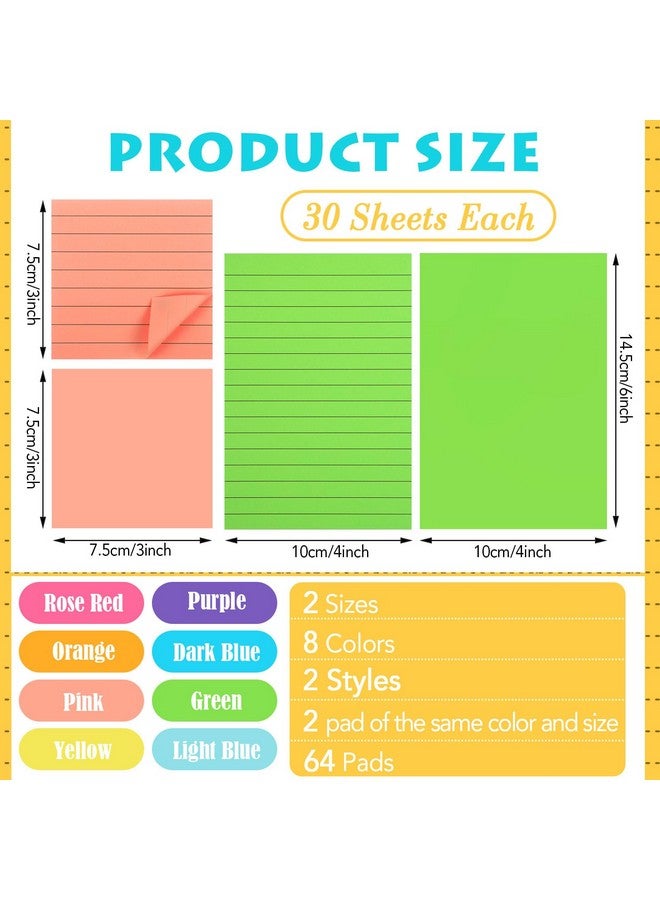 Yexiya 64 Pcs Lined Sticky Notes Self Stick Notes with Lines Bright Assorted Colors Sticky Notes for Home Office Products Post Memos, 1920 Sheets(4 x 6 Inch, 3 x 3 Inch,Multi Color) - Image 2
