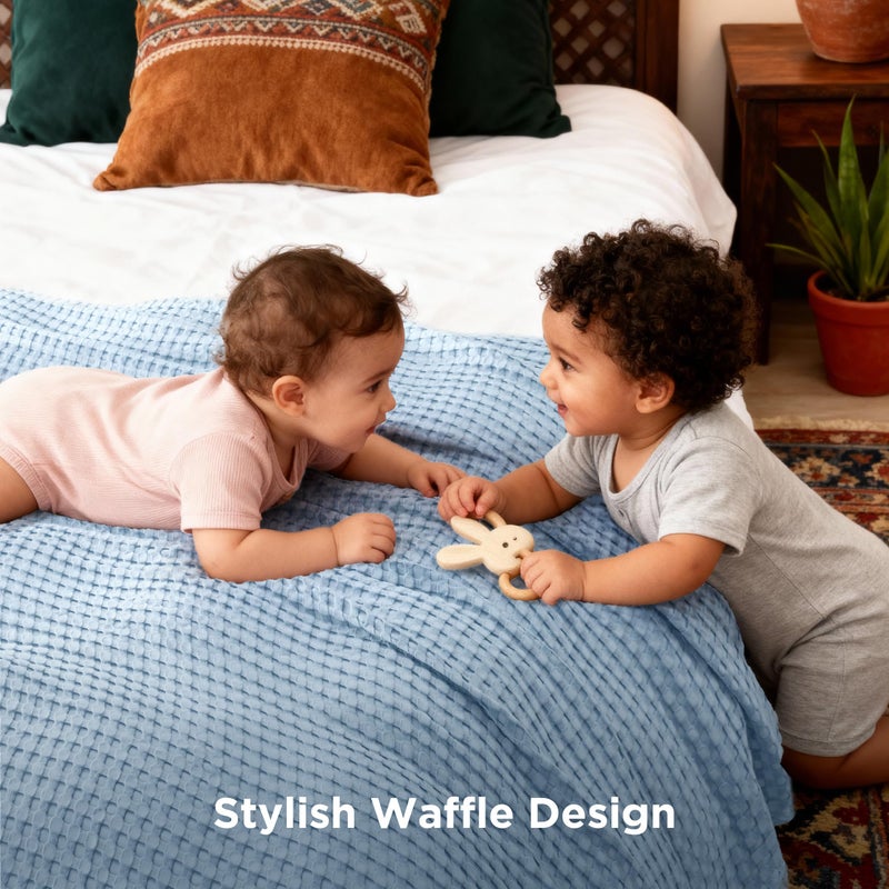 Bedsure Cooling Cotton Waffle King Size Blanket - Lightweight Breathable Blanket of Rayon Derived from Bamboo for Hot Sleepers, Luxury Throws for Bed, Couch and Sofa, Light Blue, 104x90 Inches - Image 5