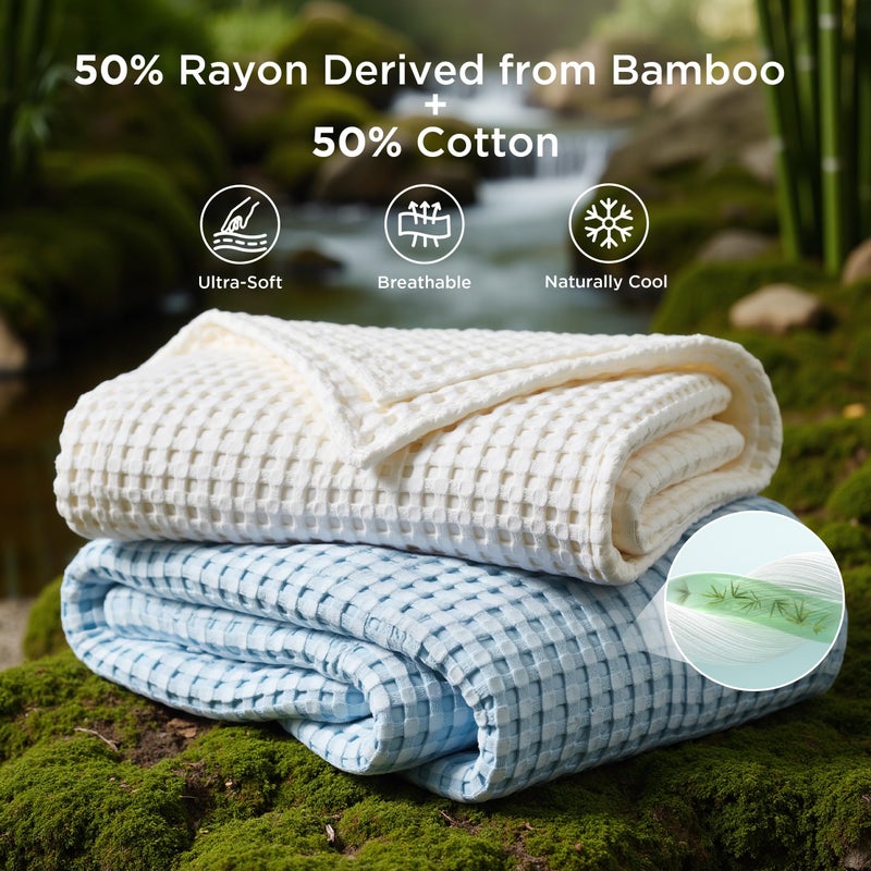 Bedsure Cooling Cotton Waffle King Size Blanket - Lightweight Breathable Blanket of Rayon Derived from Bamboo for Hot Sleepers, Luxury Throws for Bed, Couch and Sofa, Light Blue, 104x90 Inches - Image 2