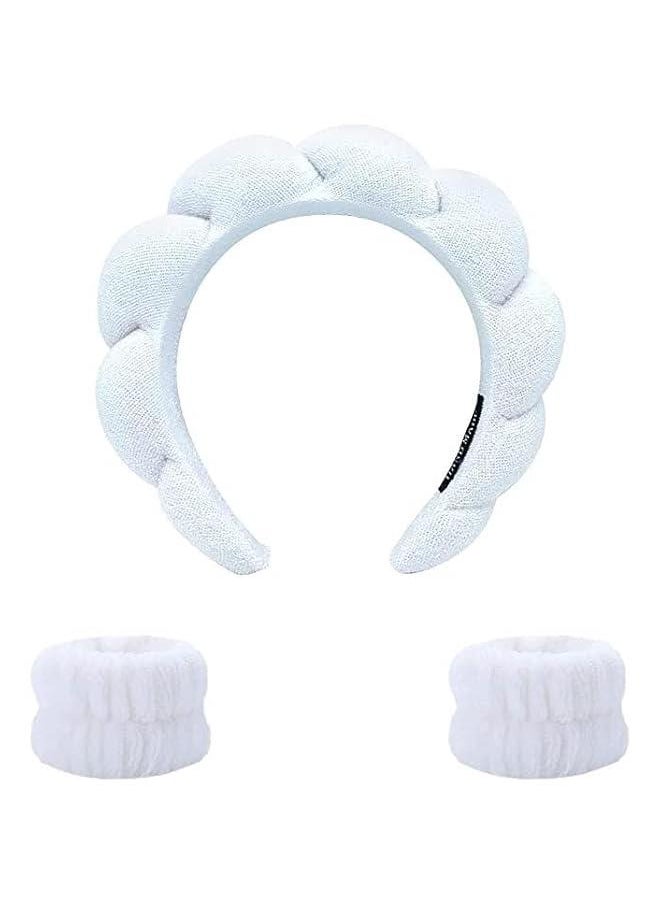 HOOKOR Spa Headband for Washing Face Wristband Set Sponge Makeup Skin Care Terry Cloth Bubble Soft Get Ready Light Blue Hairband Women Girls Puffy Padded Headwear Non Slip (White, One size)  - Image 1