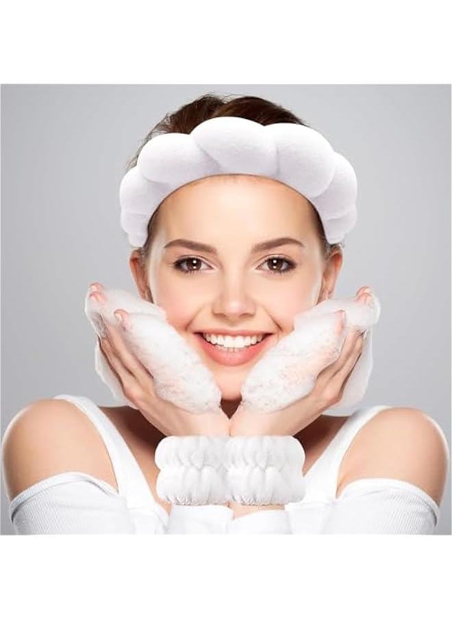 HOOKOR Spa Headband for Washing Face Wristband Set Sponge Makeup Skin Care Terry Cloth Bubble Soft Get Ready Light Blue Hairband Women Girls Puffy Padded Headwear Non Slip (White, One size)  - Image 2
