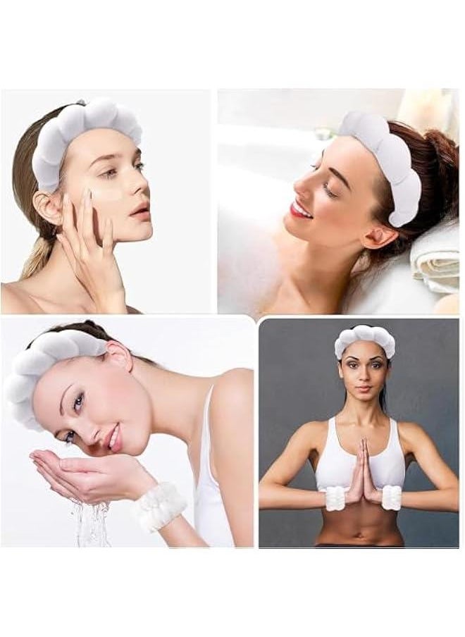 HOOKOR Spa Headband for Washing Face Wristband Set Sponge Makeup Skin Care Terry Cloth Bubble Soft Get Ready Light Blue Hairband Women Girls Puffy Padded Headwear Non Slip (White, One size)  - Image 4