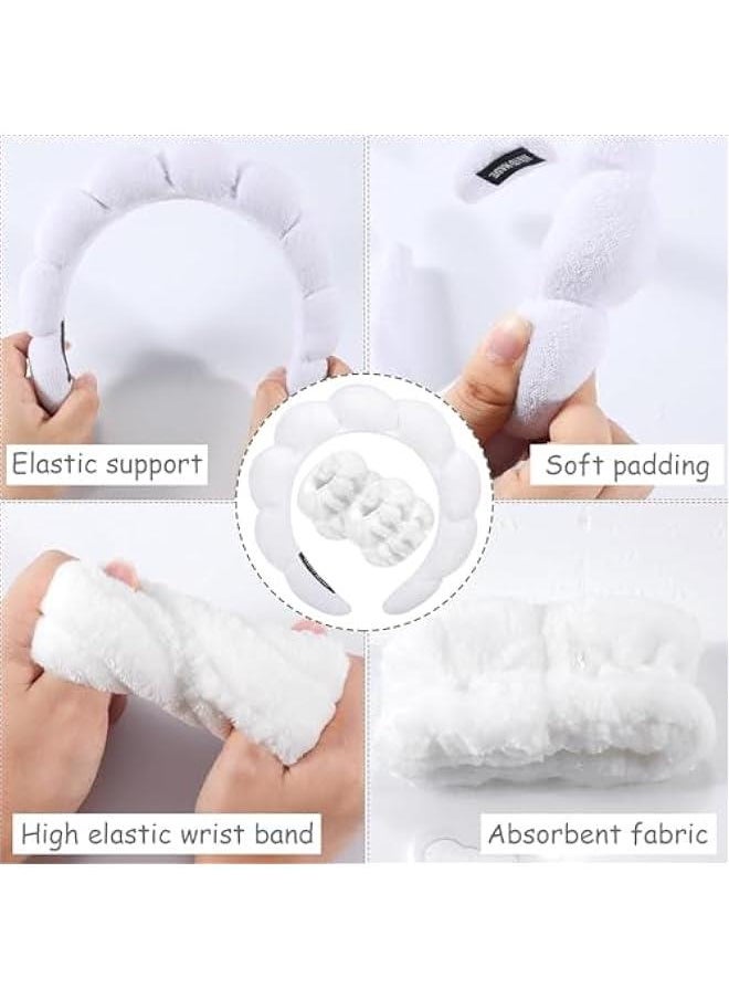 HOOKOR Spa Headband for Washing Face Wristband Set Sponge Makeup Skin Care Terry Cloth Bubble Soft Get Ready Light Blue Hairband Women Girls Puffy Padded Headwear Non Slip (White, One size)  - Image 5