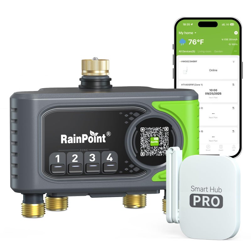 RAINPOINT WiFi Sprinkler Timer 4 Zone, Outdoor Smart Water Timer for Garden Hose with Brass Inlet&Outlet, Custom Programs via APP/Voice Control for Automatic Watering System - Image 1