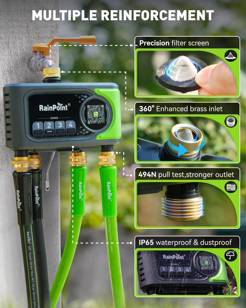 RAINPOINT WiFi Sprinkler Timer 4 Zone, Outdoor Smart Water Timer for Garden Hose with Brass Inlet&Outlet, Custom Programs via APP/Voice Control for Automatic Watering System - Image 5